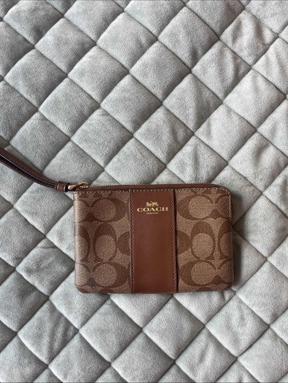 Coach Brown Signature Canvas and Leather Wristlet with Gold Logo